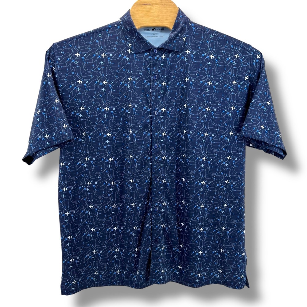 Horn Legend Mens XL Navy Airplane Print Bamboo Charcoal Luxury Button Down Shirt - Picture 2 of 7